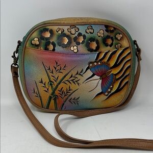ANNA BY ANUSCHKA HANDPAINTED CROSSBODY BAG BUTTERFLY METALLIC LEAVES LIKE NEW